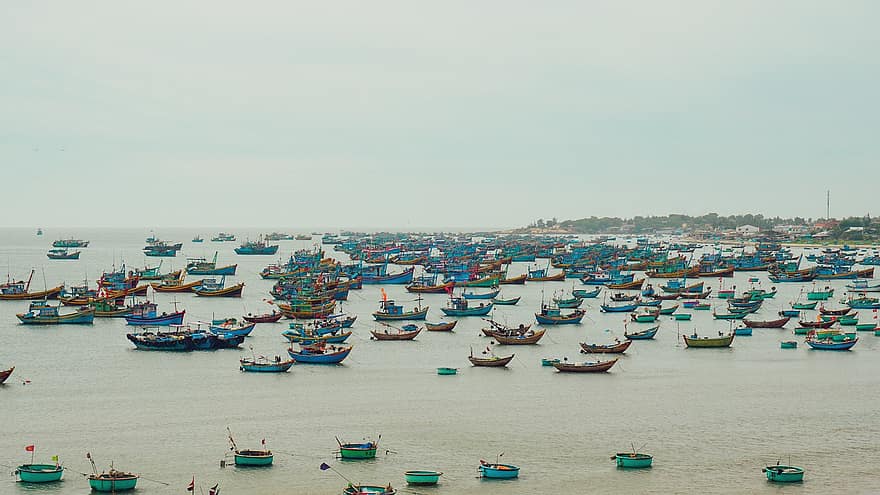 barcos, mar, pueblos, costero, Vietnam, país