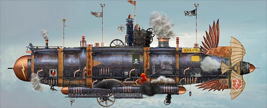 orlaivis, zeppelinas, steampunk, fantazija, Dieselpunk, Atompunk, piratai, dangus, garai, utopija, transporto