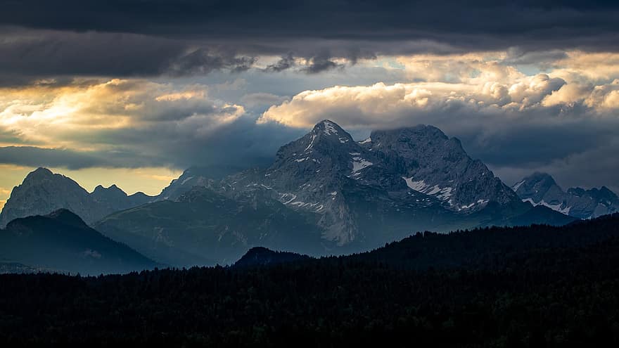 alpin, bergen, landskap, natur, skog, bavaria, panorama, vandring, semester, allgäu, moln