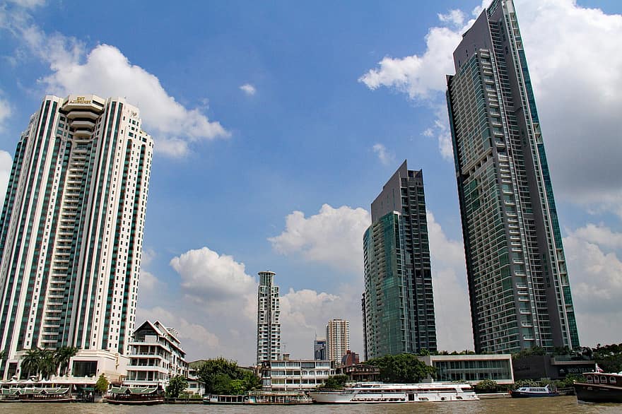 Bangkok, Buildings, City, River, Thailand, Chao Phraya River, Landscape, skyscraper, architecture, cityscape, building exterior