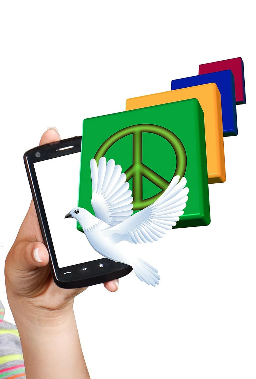 aplikace, mobilní telefon, iphone, holubice, harmonie, mírové znamení, aplikací, ruka, telefon, držet, chytrý telefon