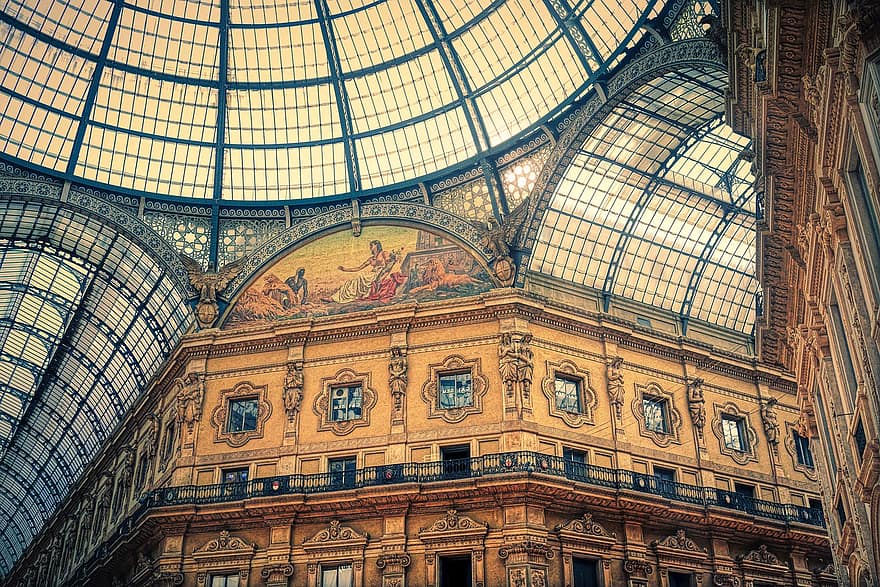 будівлі, арки, купол, скляний дах, сталь, скло, фреска, зал, орнаменти, Мілан, Італія