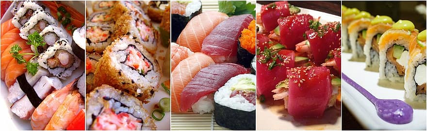 Sushi, colagem, Comida, frutos do mar, colagem de comida, jantar