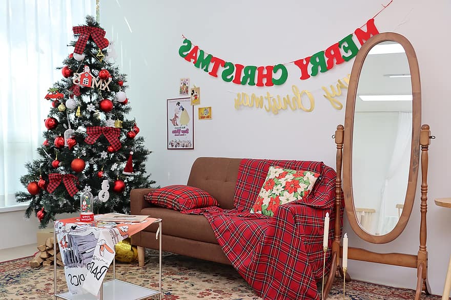 гостинная, дерево, интерьер, рождество, зеркало, счастливого Рождества, Таблица, диван, в помещении, украшение, домашняя комната
