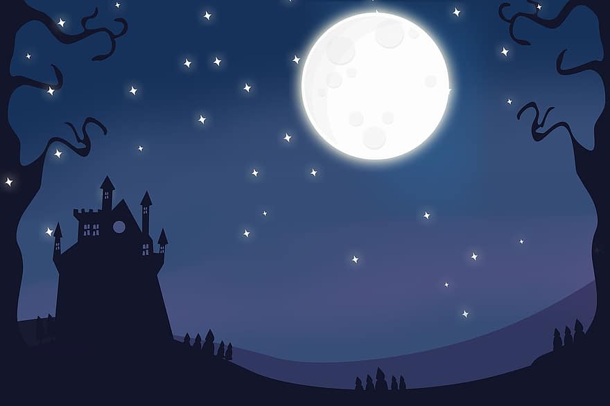 Луна, замок, ночь, мистика, жутко, фантастика, темнота, Хэллоуин, небо, сказка, таинственный
