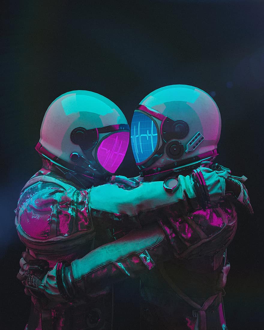 astronauta, Pareja, romántico, amor, relación, romance, abrazo, traje espacial, hombre, mujer, los amantes