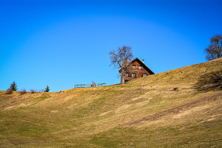 House, Meadow, Hill, Valley, Sky, Nature