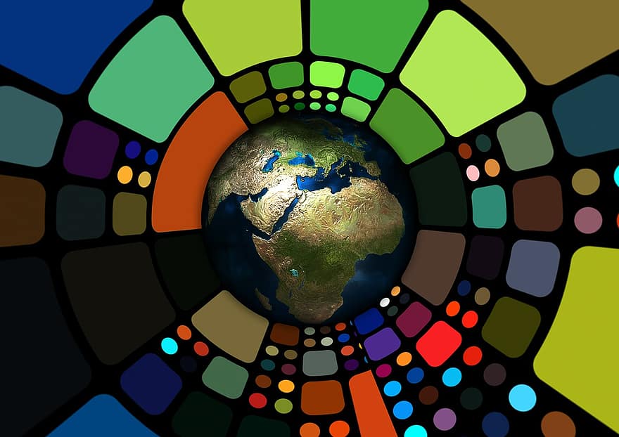 地球、グローブ、カラフル、世界、大陸、デスクトップ、バックグラウンド、デジタル、色、色度図、色相