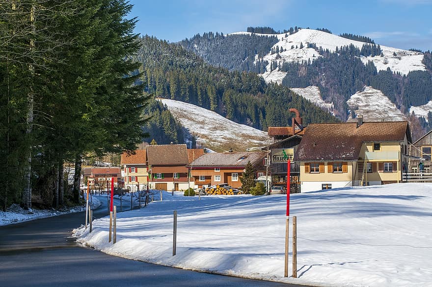Town, Winter, Nature, Season, Houses, Outdoors, Switzerland, Central Switzerland, snow, mountain, landscape