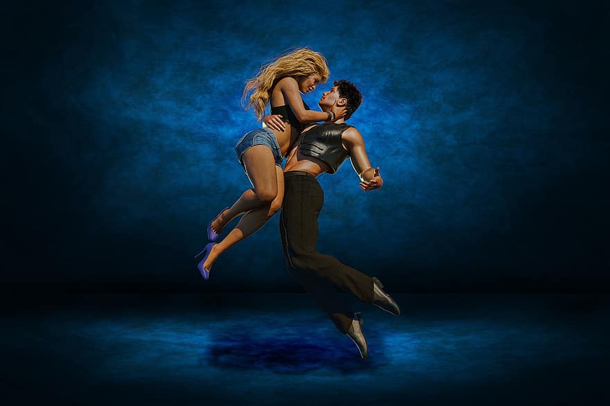 pasangan, tarian, melompat, penari, menari, kinerja, wanita, pria, bersama, hubungan, romantis