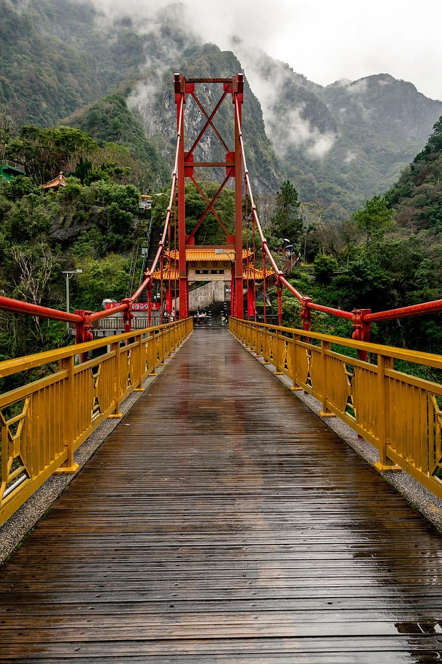 pont, temple, Montagne, Taïwan, pluie, des nuages, Météo, la nature, paysage, tourisme, bois