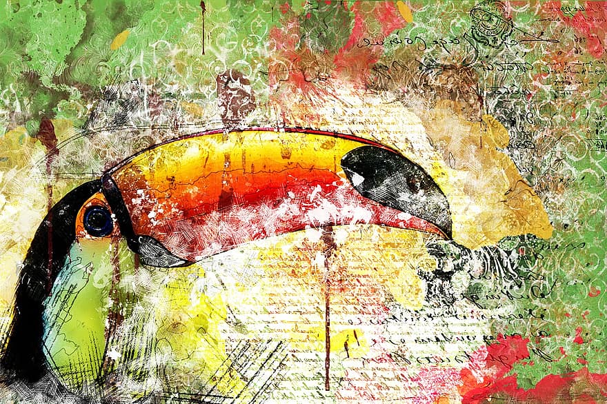 Toucan, Bird, Animal, Art, Nature, Abstract, Watercolor, Collage, Vintage, Artistic, Design