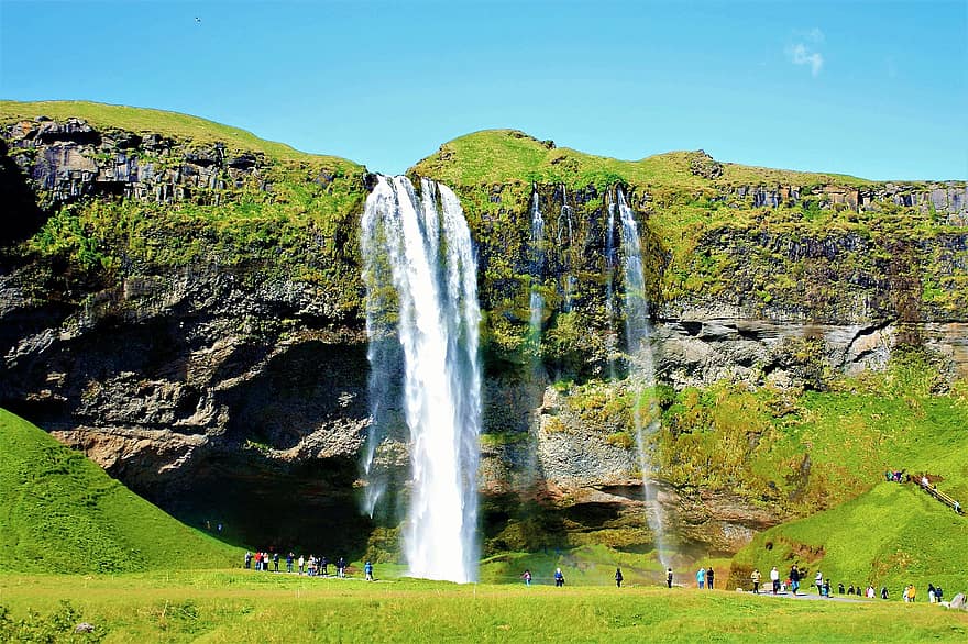 Islândia, natureza, cascata, ao ar livre, panorama, verão, grama, cor verde, agua, montanha, penhasco