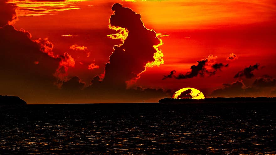 Sol, solnedgång, Key West, orange, röd, skymning, solljus, sommar, moln, himmel, soluppgång