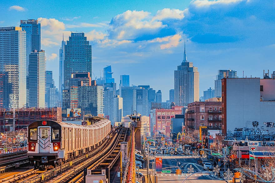 train, immeubles, trafic, route, l'horizon, paysage urbain, ville, Urbain, chemin de fer, voies ferrées, la ville de New York