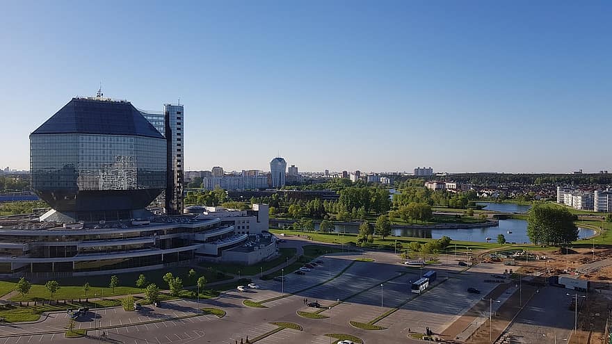 biblioteca, Minsk, bielorussia, città, biblioteca nazionale, punto di riferimento, architettura, edifici, urbano, lago