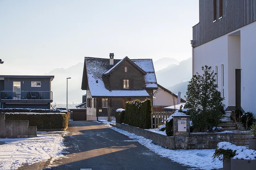 talot, hytit, kylä, lumi, talvi-, ilta, Sveitsi, arkkitehtuuri, vuori, rakennuksen ulkoa, katto