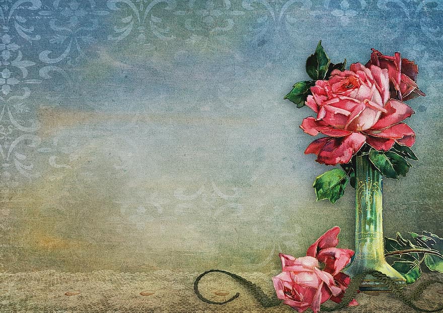 Vintage ▾, Rose, vaso, vaso di fiori, sfondo, copia spazio, modello, romantico, vecchio, nostalgia, amore