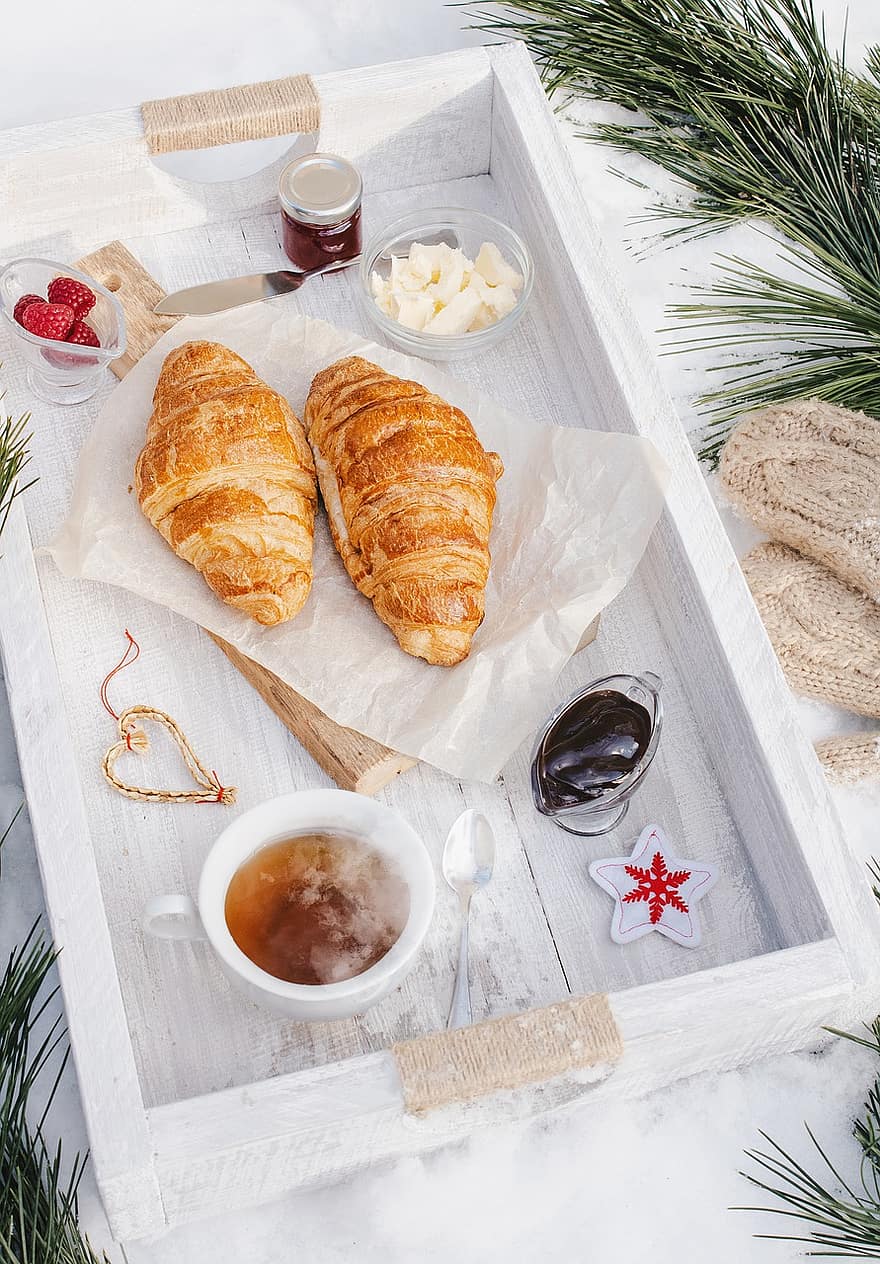 morgenmad, croissant, mad, marmelade, jul, måltid, friskhed, brød, bord, dessert, drikke
