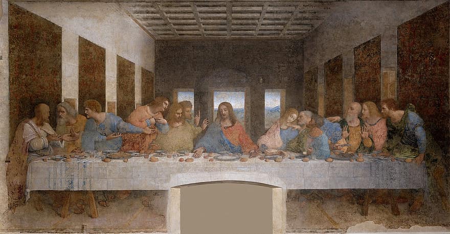 ليوناردو دافنشي ، العشاء الأخير ، الوجبة الأخيرة ، 1494-1498 ، يسوع الناصري ، اثني عشر رسولًا ، السيد المسيح ، عشاء الرب ، l'ultima سينا ، لوحة جدارية ، الفن المسيحي