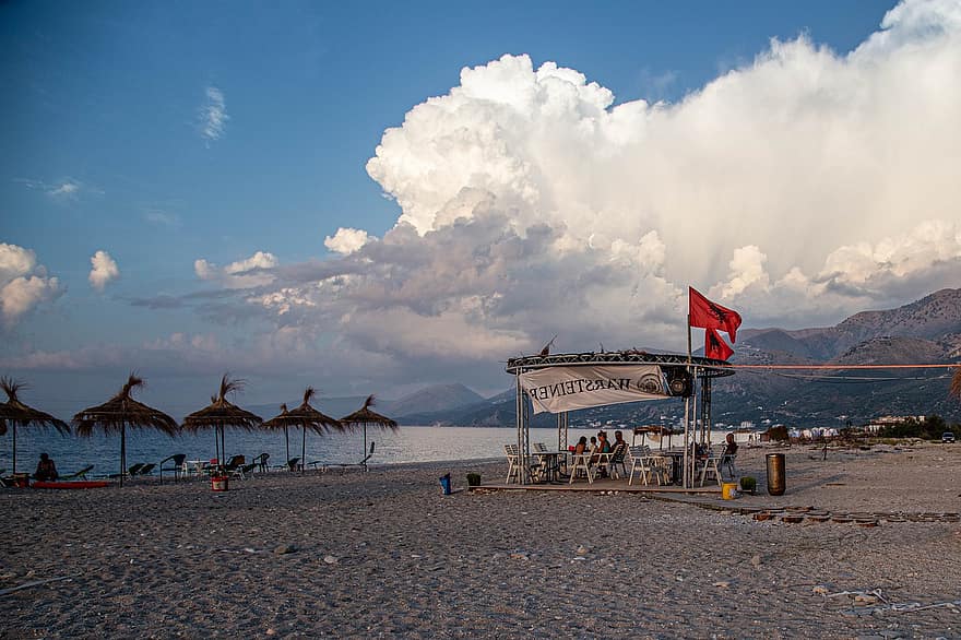 Албания, плаж, море, океан, небе, облаци, пейзаж, курорт, плажен комплекс, остров, лято