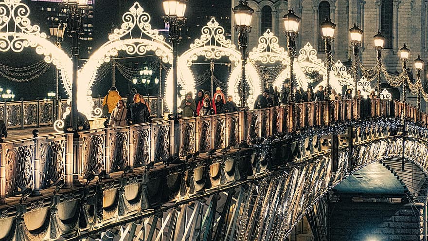 puente, ciudad, viaje, turismo, noche, luces, invierno, Moscú, arquitectura, iluminado, lugar famoso
