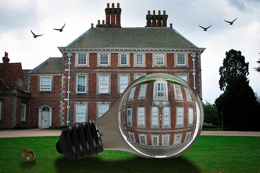 Light Bulb, House, Park, Forty Hall, Squirrel, Composite, Fantasy, Birds, Grass, Lawn, architecture