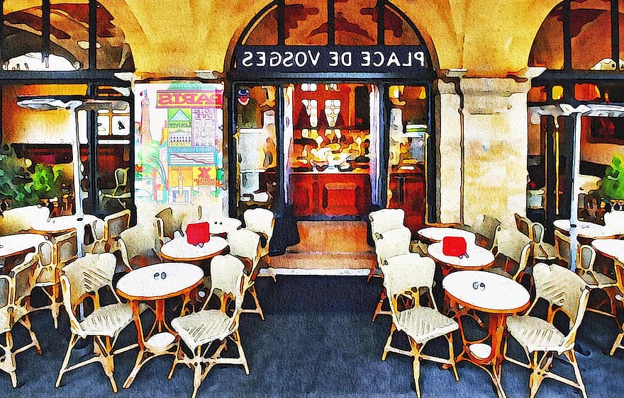 acquerello, caffè parigi, bistrot, Parigi, Francia, Europa, francese, città, architettura, Vintage ▾, boutique