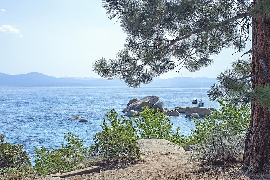 Lake Tahoe, Lake, Nature, coastline, water, summer, tree, landscape, blue, travel, cliff