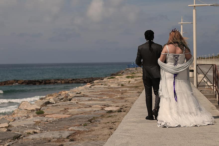 двойка, сватба, крайбрежие, море, брак, обичам, булка, младоженец, заедно, романтичен, разходка