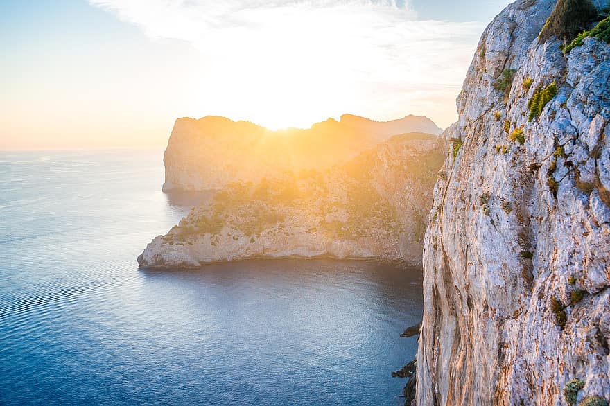 klippen, kust, zee, zonsondergang, De Balearen, Cape formentor, Majorca, rots, water, kustlijn, natuur
