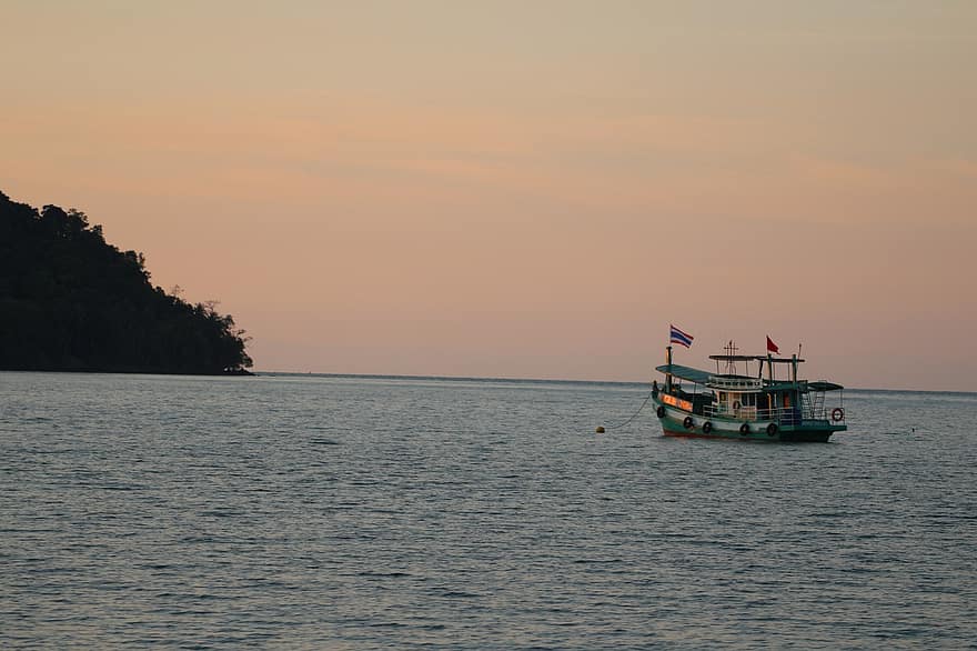 hav, båt, Asia, fiske, fiskebåt, fartøyet, skumring, solnedgang, etterglød, horisont, fiskefartøy