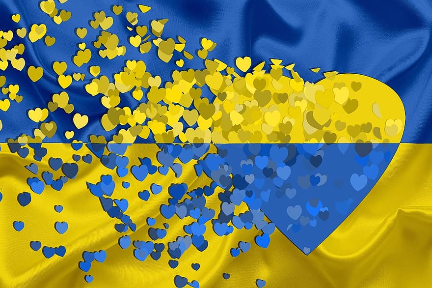 ウクライナ、旗、心臓、黄、青、平和、群がる、設計、バナー、きらきら、お祝い