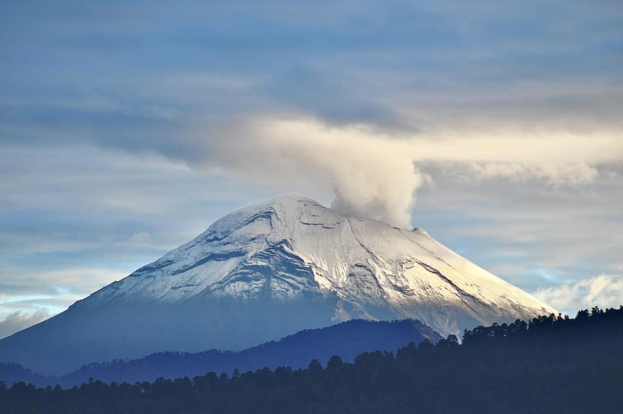 vulkan, berg, snö, topp, rök, moln, himmel, mexico, puebla, popocatepetl