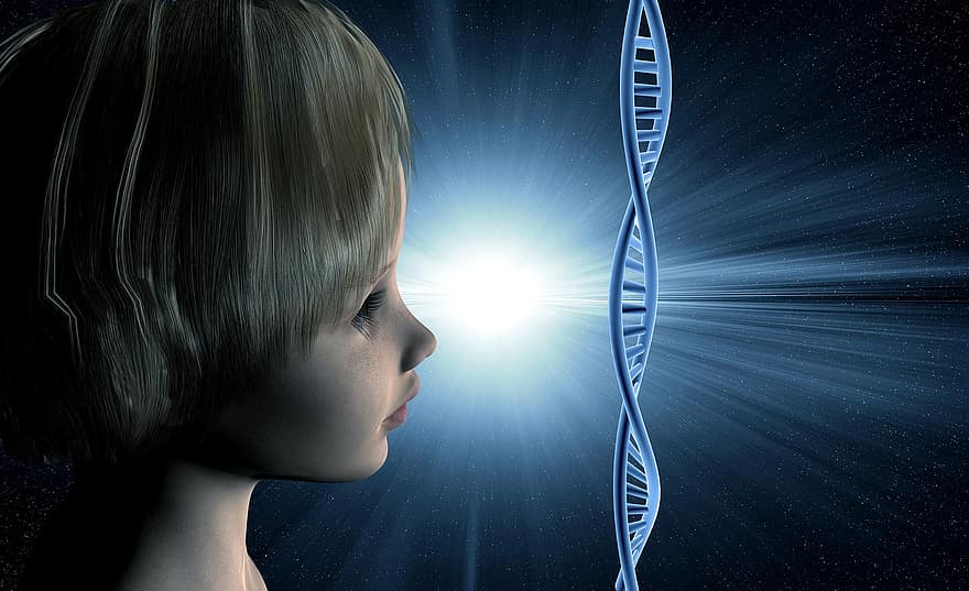 DNA, 앞으로, 여자, 소녀, 얼굴, 인공의, 인간의, 디지털, 인공 지능, 젊은, 여성