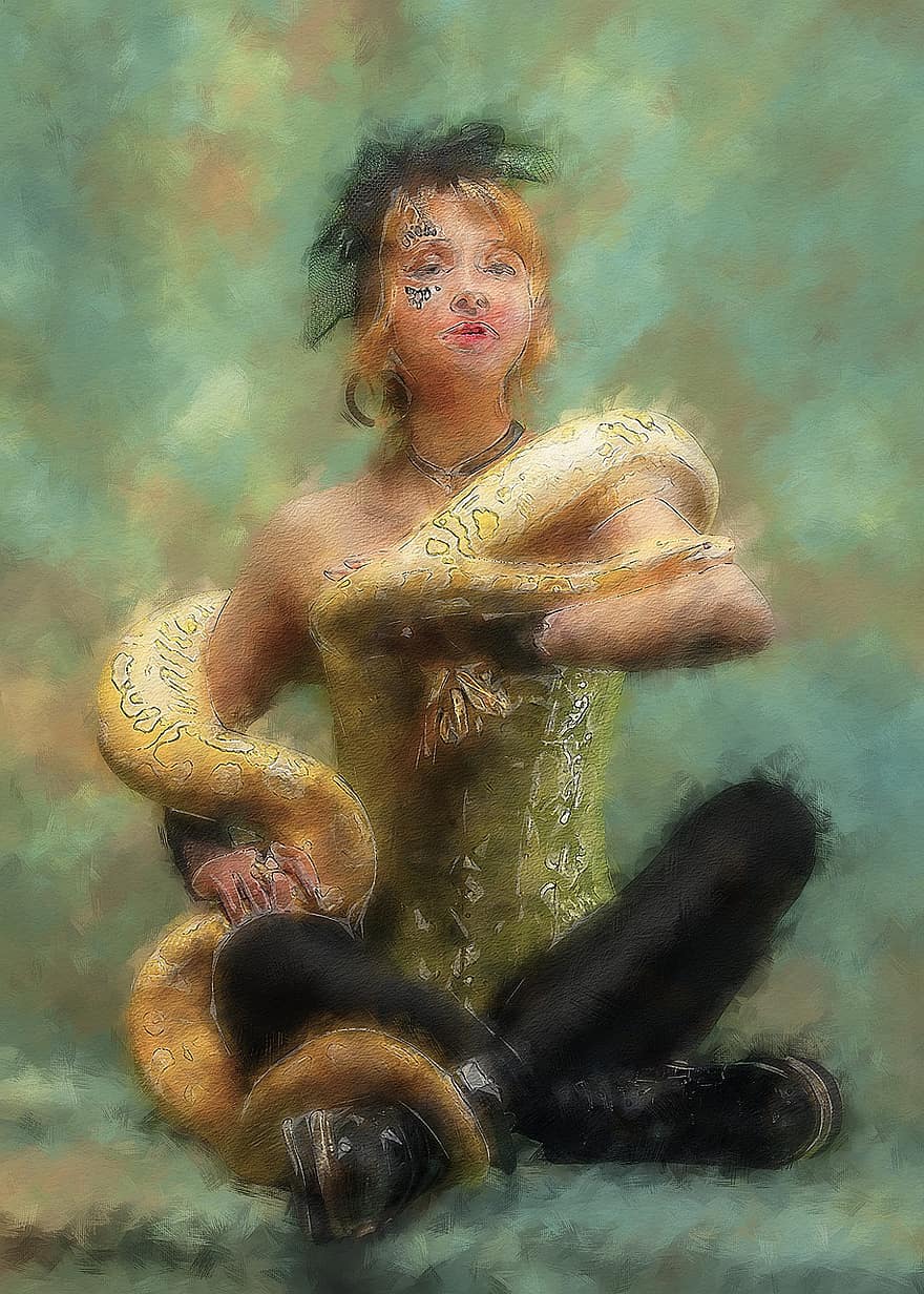 femeie, Femeie, portret, Modă, şarpe, animal, care prezintă, model, pictură, opera de arta, desen