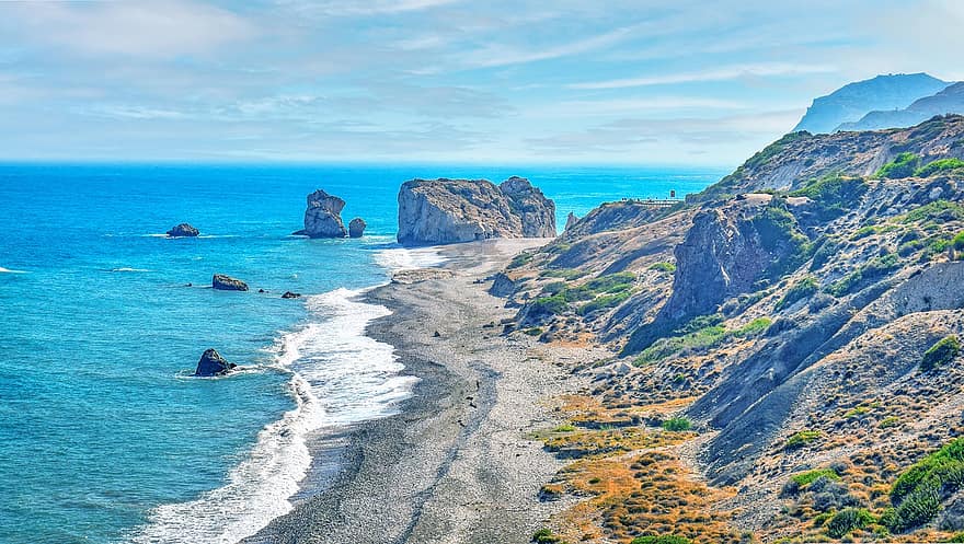 плаж, крайбрежие, забележителност, сутрин, лято, природа, petra tou romiou, скала на Афродита, Кипър, брегова линия, стръмна скала
