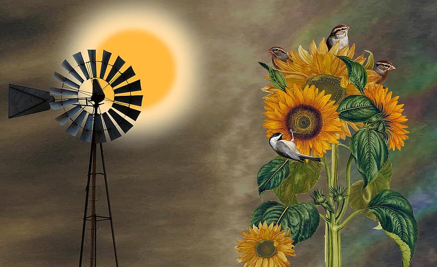 fleurs, tournesols, moineaux, Moulin à vent, le coucher du soleil, poussiéreux, rouille, faune, Texas, tournesol, été