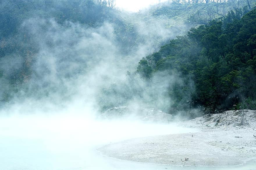 fehér kráter, tó, Indonézia, ködös, természet, tájkép, hegy, fák, köd, erdő, víz