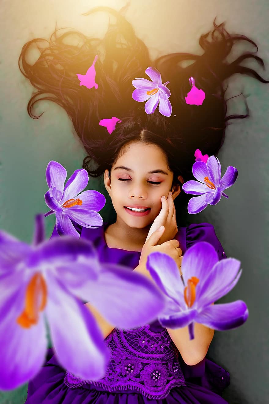 Woman, Girl, Fantasy, Surreal, Flowers, flower, smiling, one person, cheerful, purple, women