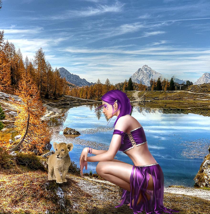 Background, Elf, Mountains, Lake, Woods, Lion Cub, Fantasy, Woman, Female, Avatar, Character