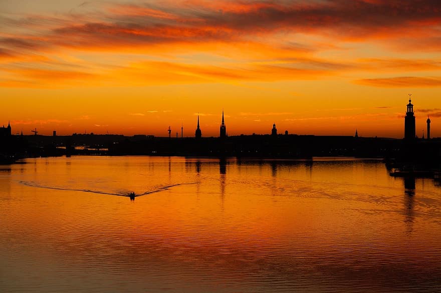 wschód słońca, Sztokholm, pejzaż miejski