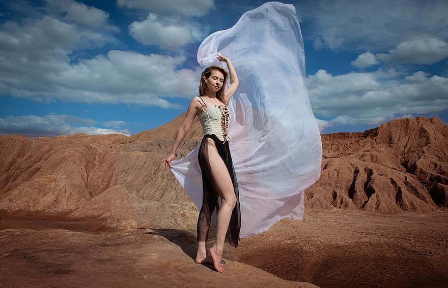 nő, szövet, szél, Wave A Cloth, Flowy Fabric, strand, dűne, panoráma, Arizona, fennsík, sivatag