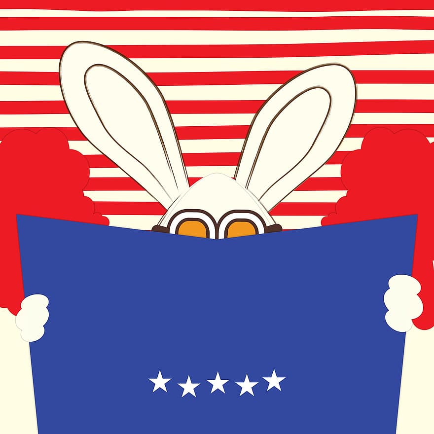 Hide And Seek, Abstract Cartoon Art, Long Eared Rabbit, Cute Dwarf Bunny, Empty Advert Copyspace, Blank Negative Space, Comic Message Template, Flag Colors, Independence Day, Happy Easter, Stars-stripes