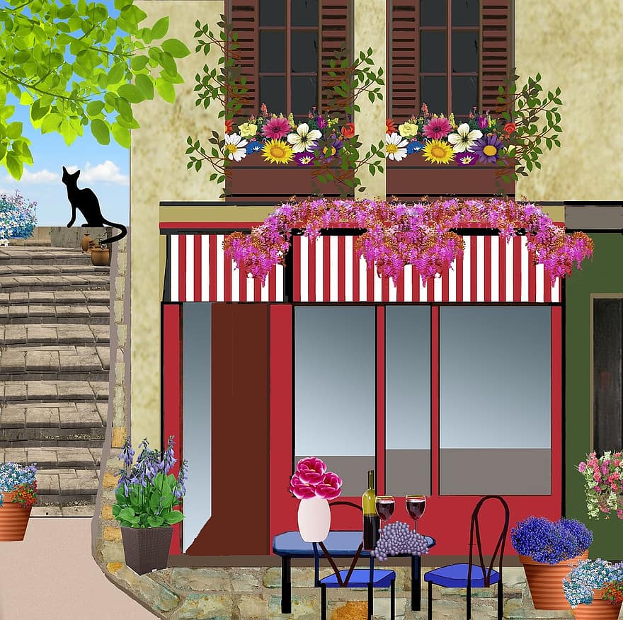 terras café, bar, restaurant, tafels, stoelen, restaurant tafel, koffie, kom tot rust, zonnetent, bistro, bloemen