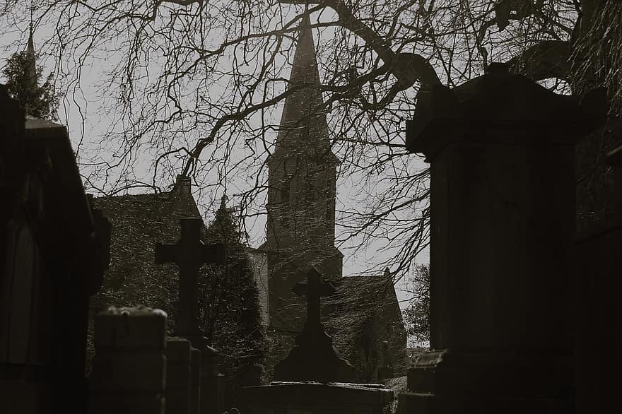 Church, Graveyard, Tombstones, Trees, Religion, Building, Architecture, Cemetery, Old, Grave, Holy