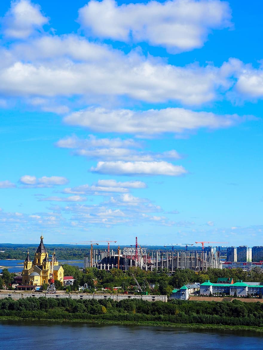Miasto, niebo, chmury, podróżować, turystyka, rzeka, przeznaczenie, Niżny Nowogród, Budynki, niebieski, architektura