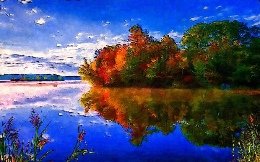 refleksi, musim gugur, air, warna, langit, pohon, menanam, bunga, Daun-daun, cahaya, biru