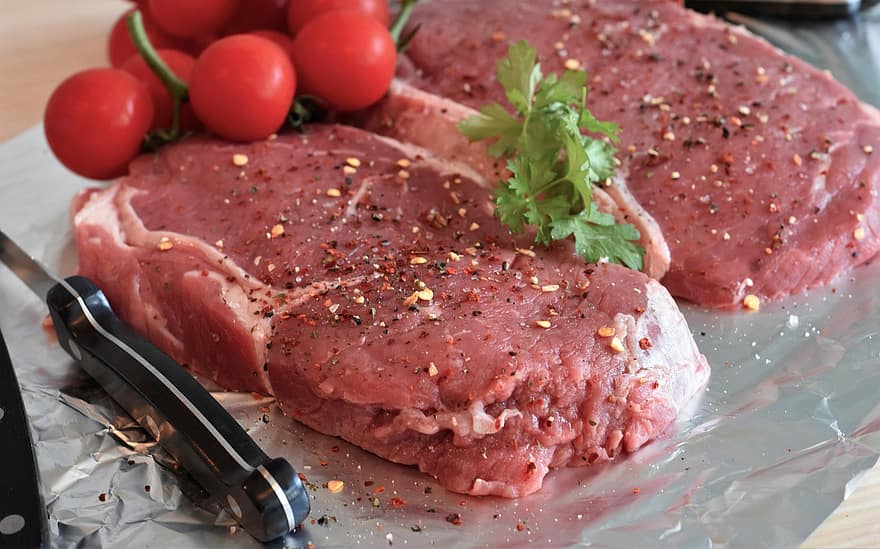 liellopu gaļa, steiks, neapstrādātas, garšvielas, nazis, sastāvdaļas, maltīti, cepta liellopu gaļa, grils