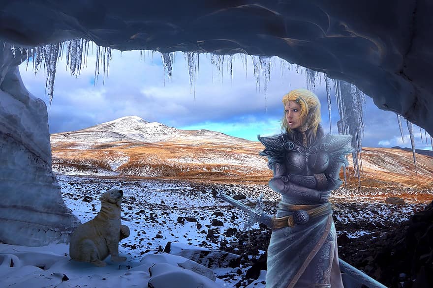 Hintergrund, Berge, Winter, Schnee, Krieger Eisbär, Fantasie, weiblich, Charakter, digitale Kunst